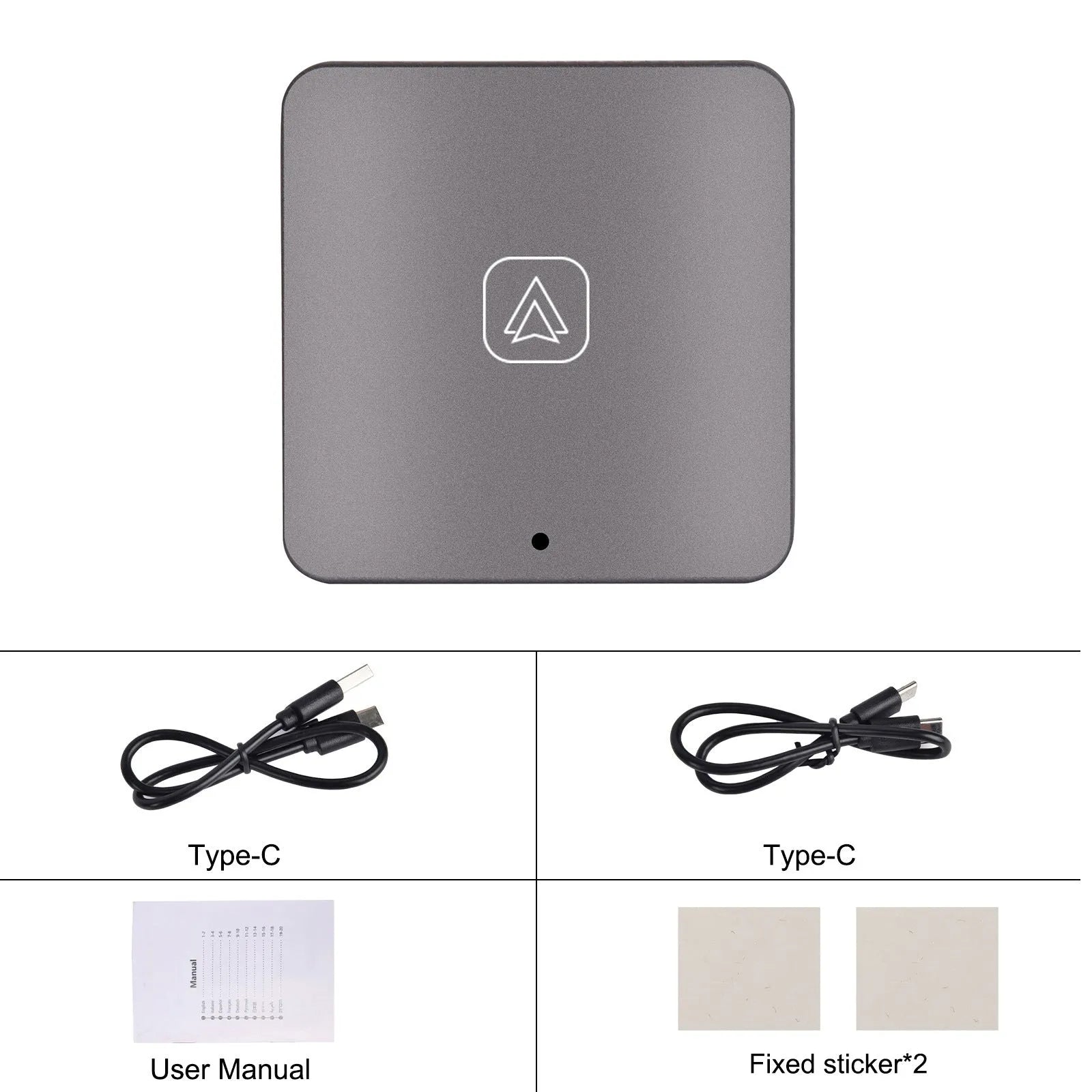 Black wireless CarPlay adapter module with USB cables for converting wired CarPlay systems