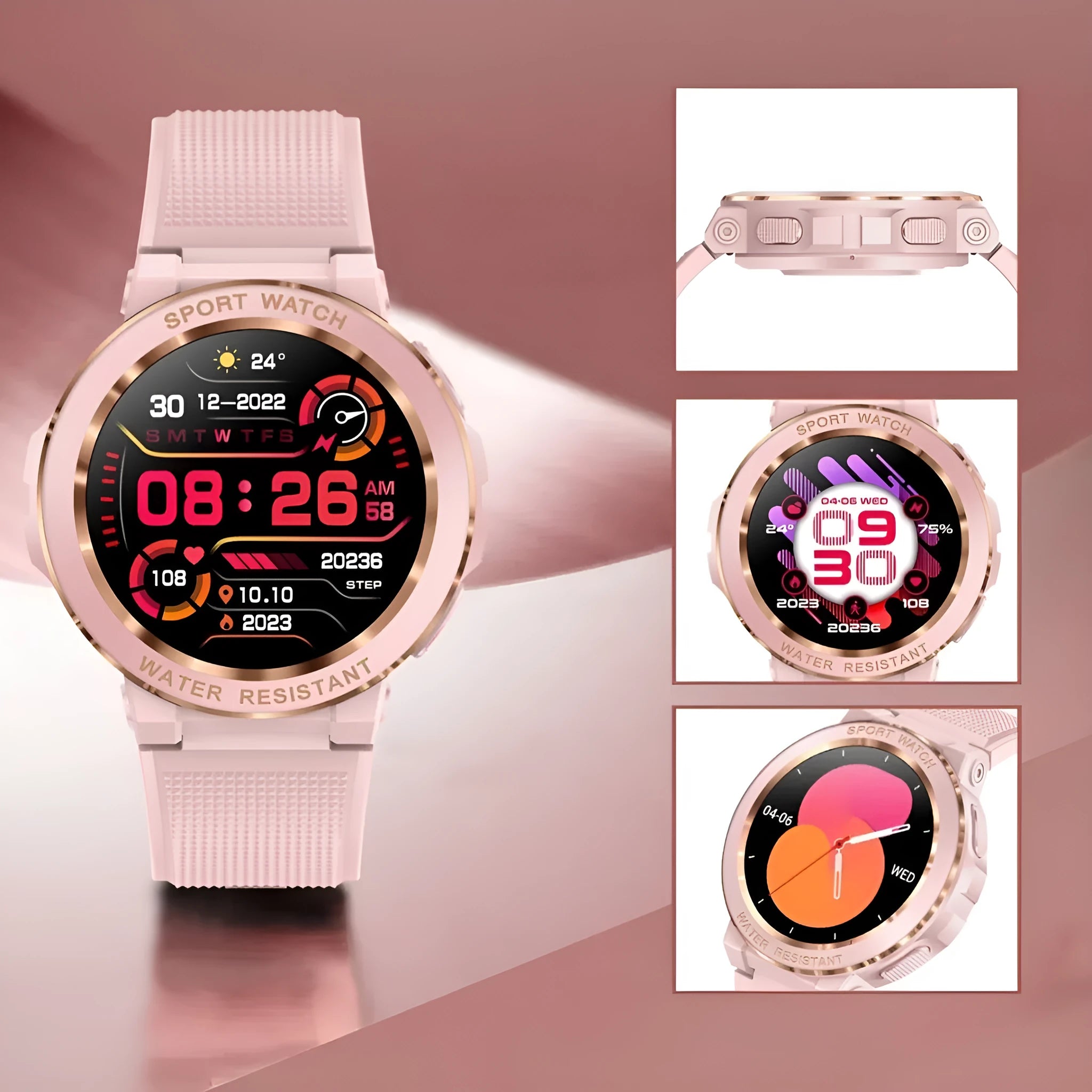MK60 smart watch in pink with TFT screen showing health data, on a wrist, with Bluetooth call and health monitoring features.