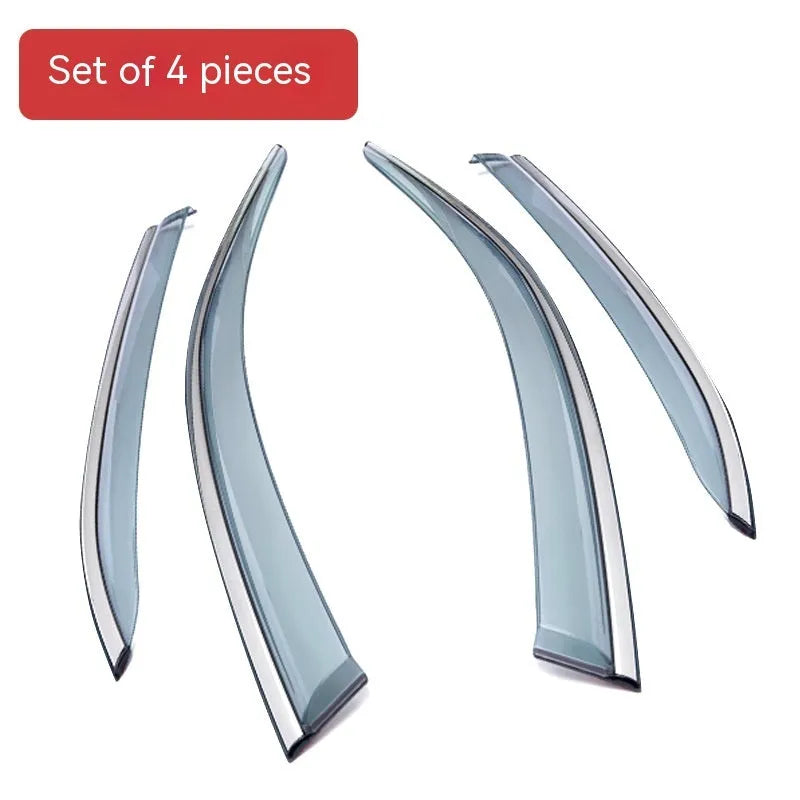 Four-piece PVC rain visor kit for Jeep Wrangler windows showing vehicle-specific installation