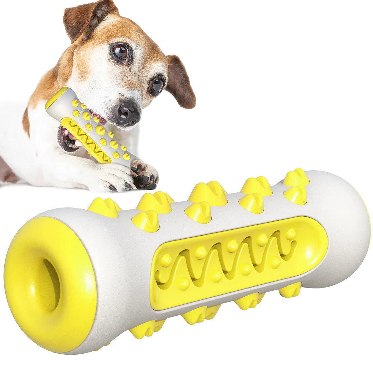 Natural rubber dog toothbrush chew toy in blue, green, yellow or black-blue for dental cleaning