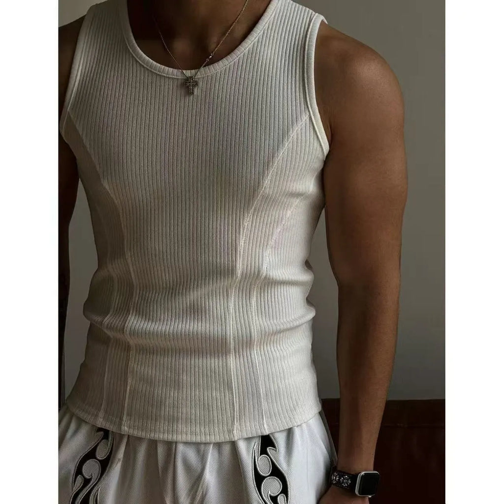 Men's black tight-fitting I-shaped polyester tank top vest on a white background.