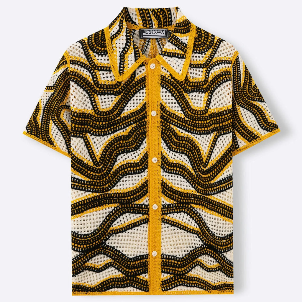 Khaki striped cardigan with hand-crocheted texture showing short sleeves and thin knit construction