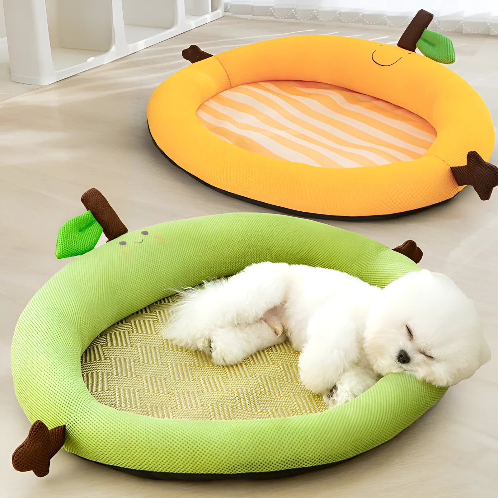 Green fruit-pattern pet cooling mat with backrest nest for dogs and cats in size L.