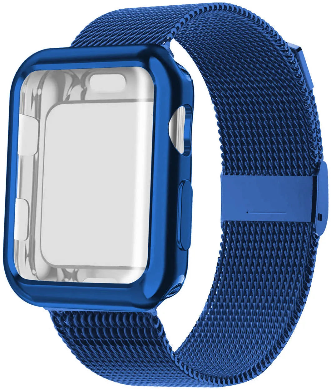 Silver magnetic Milanese loop metal and TPU watch strap for Apple Watch with adjustable clasp.