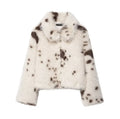 Women's artificial fur animal pattern coat with faux fur collar in brown or black coffee, long sleeves, sizes XS to L