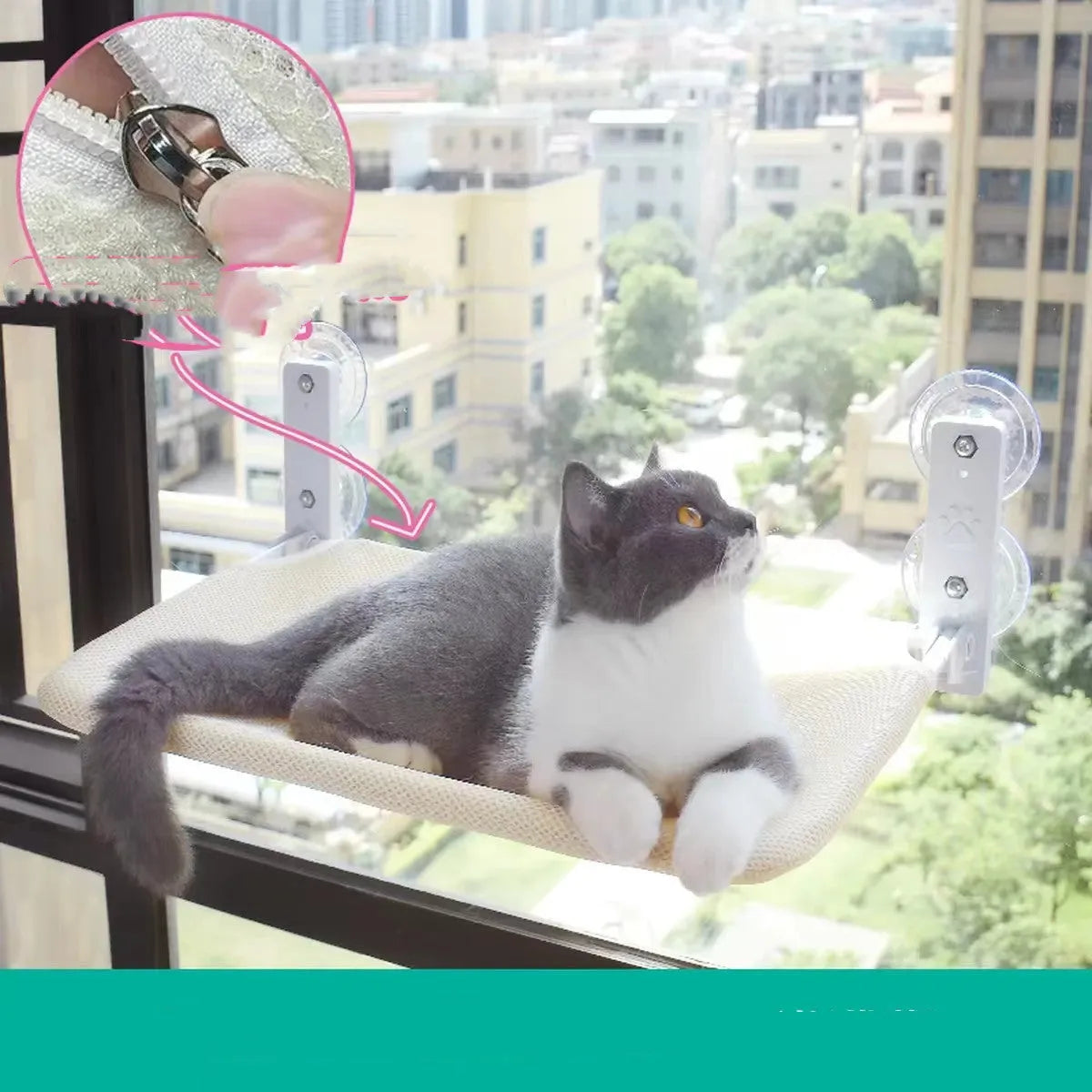 Cat suction cup window hammock with plush fabric, steel frame, available in Beige and Grey in two sizes