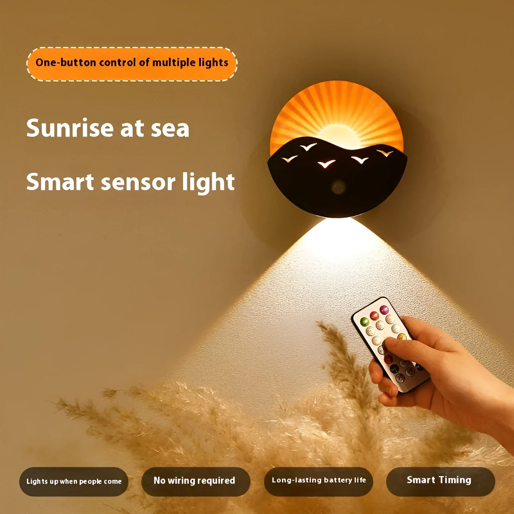 Remote control small night lamp with sunrise sea scene, rechargeable battery, 110x48.5mm, on a bedside table
