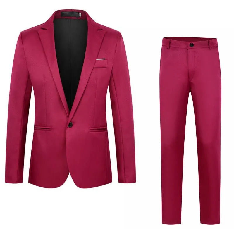Men's loose fit wedding suit jacket in acetate fibre, shown in a selection of colours.