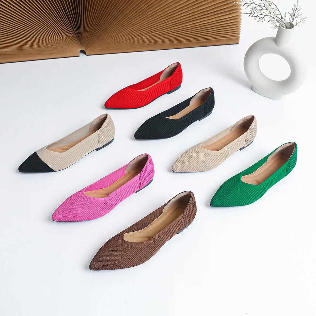 Women's apricot coloured knit flat pumps with a pointed toe and shallow mouth design on a plain background.