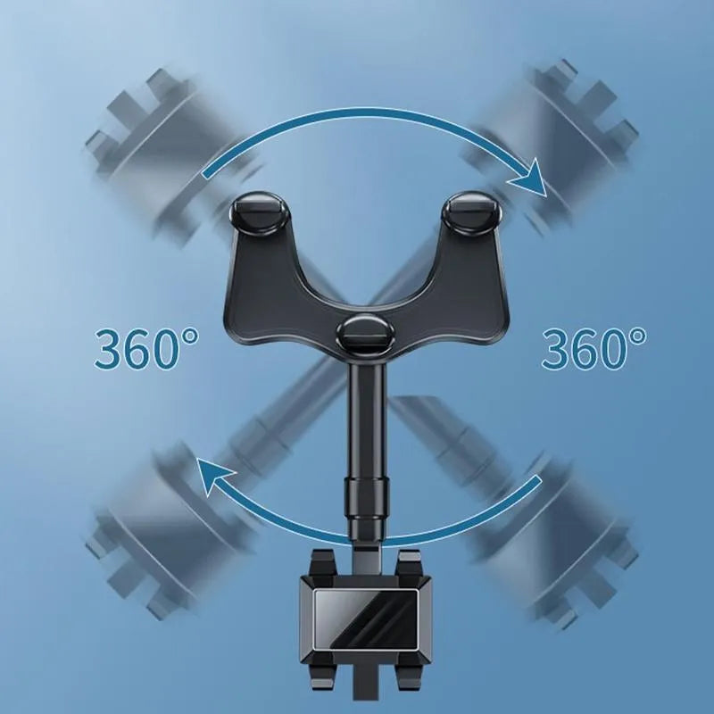 Black rearview mirror car phone holder with telescopic arm and four-claw bracket on a car mirror.