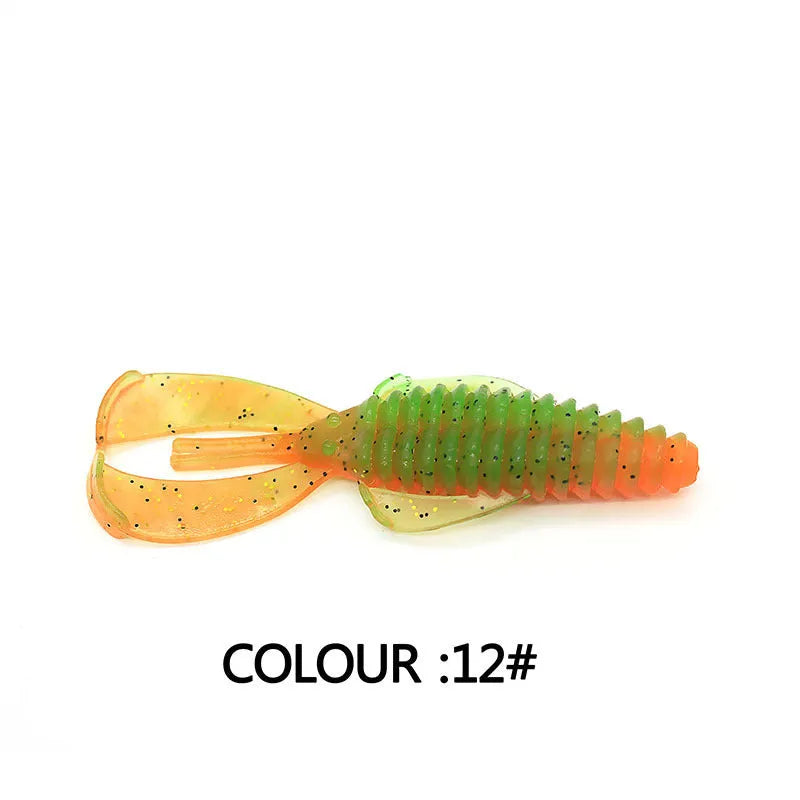 PVC soft bait fishing lure in various colours showing 8cm and 12cm size options