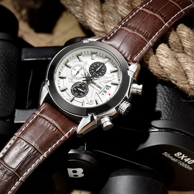 Men's multifunctional quartz watch with luminous markers and three subdials on a brown and white dial.