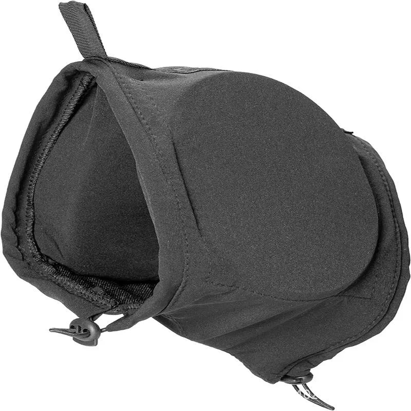 Black nylon dog earmuffs for hearing protection from thunder and fireworks, side view