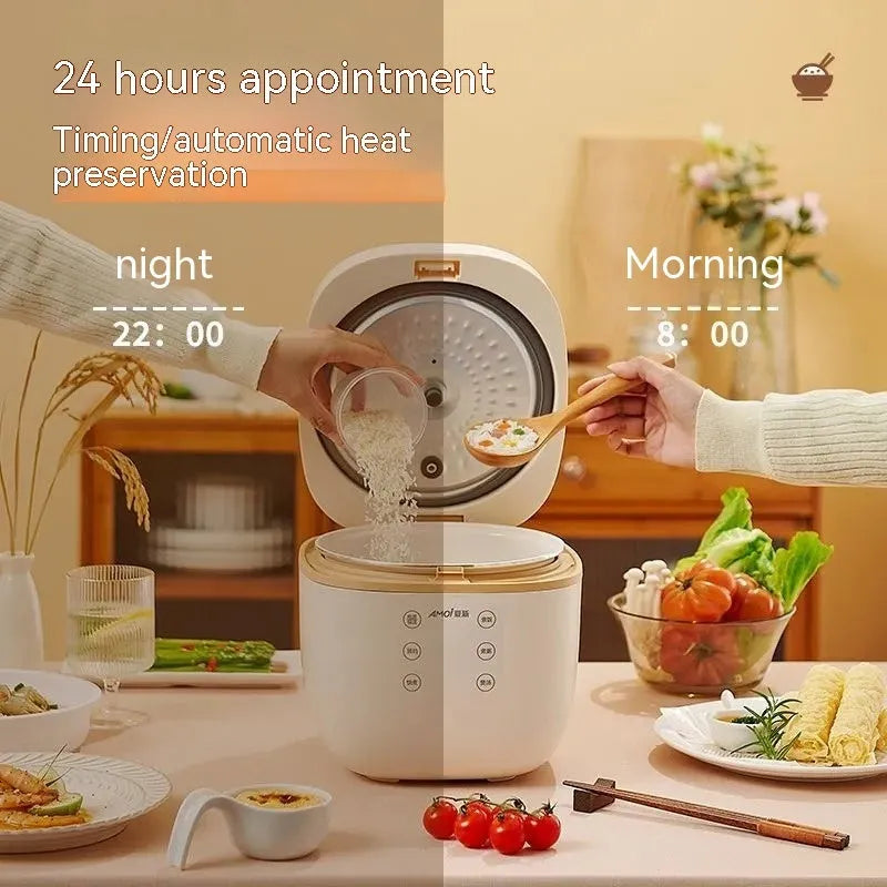 White 3L rice cooker with black inner pot and included accessories