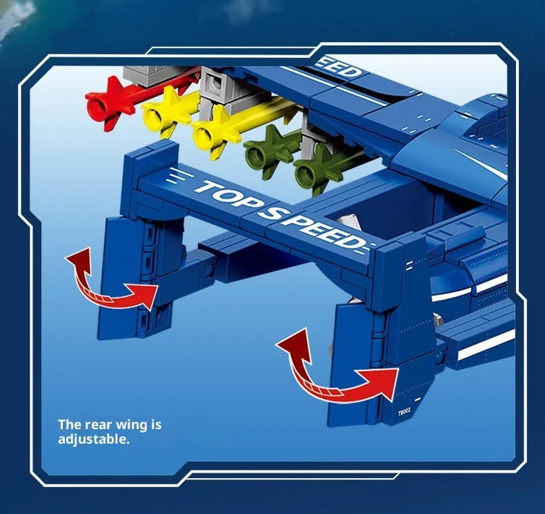 Plastic building block set forming a double-tail scorpion drone in a military series with colour box packaging