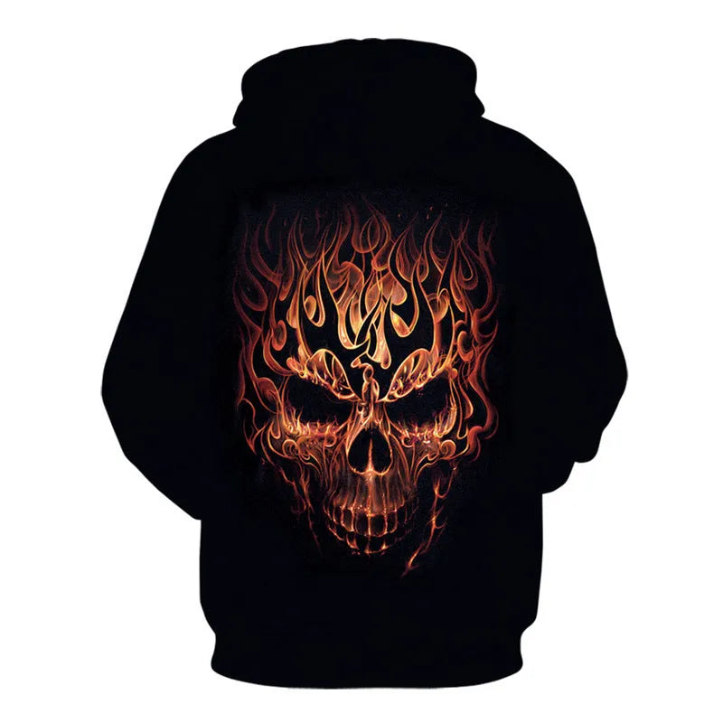 Men's loose fit hooded sweatshirt with skull digital print, side pockets, and ribbed hem in picture colour