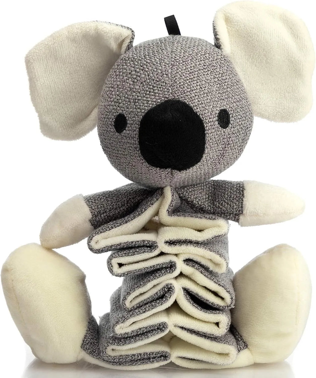 Hollypet grey koala plush dog toy measuring 30cm with squeaker and crinkle paper.