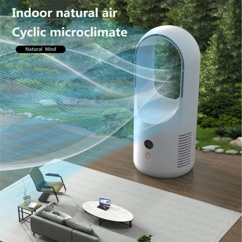 Desktop bladeless USB fan with LED display and rechargeable battery for portable cooling