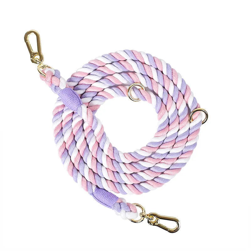 Woven rainbow double-ended dog lead with hand-held rope section in multiple colour options
