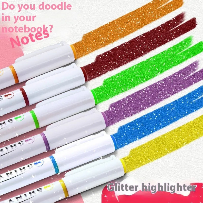 Set of four glitter fluorescent highlighter pens with slanted tips in assorted colours.