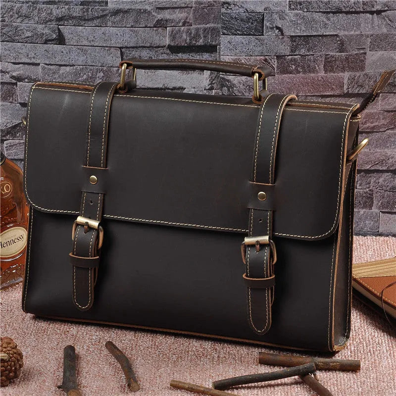Men's genuine cowhide Crazy Horse leather handbag 13-inch dark brown with lock closure, plain retro style