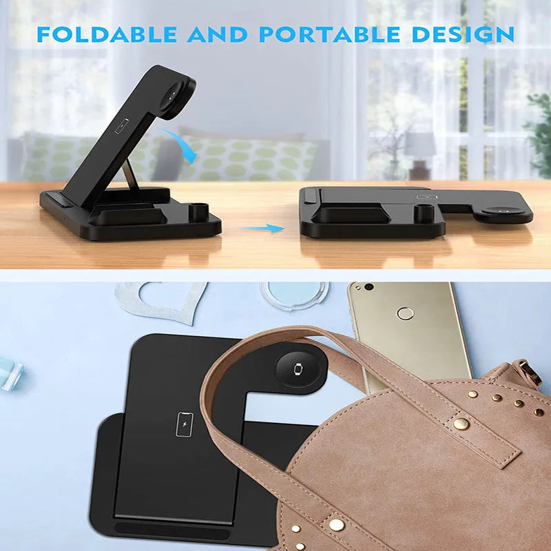 Black four-in-one wireless phone charger with QC3.0 fast charging head on desk