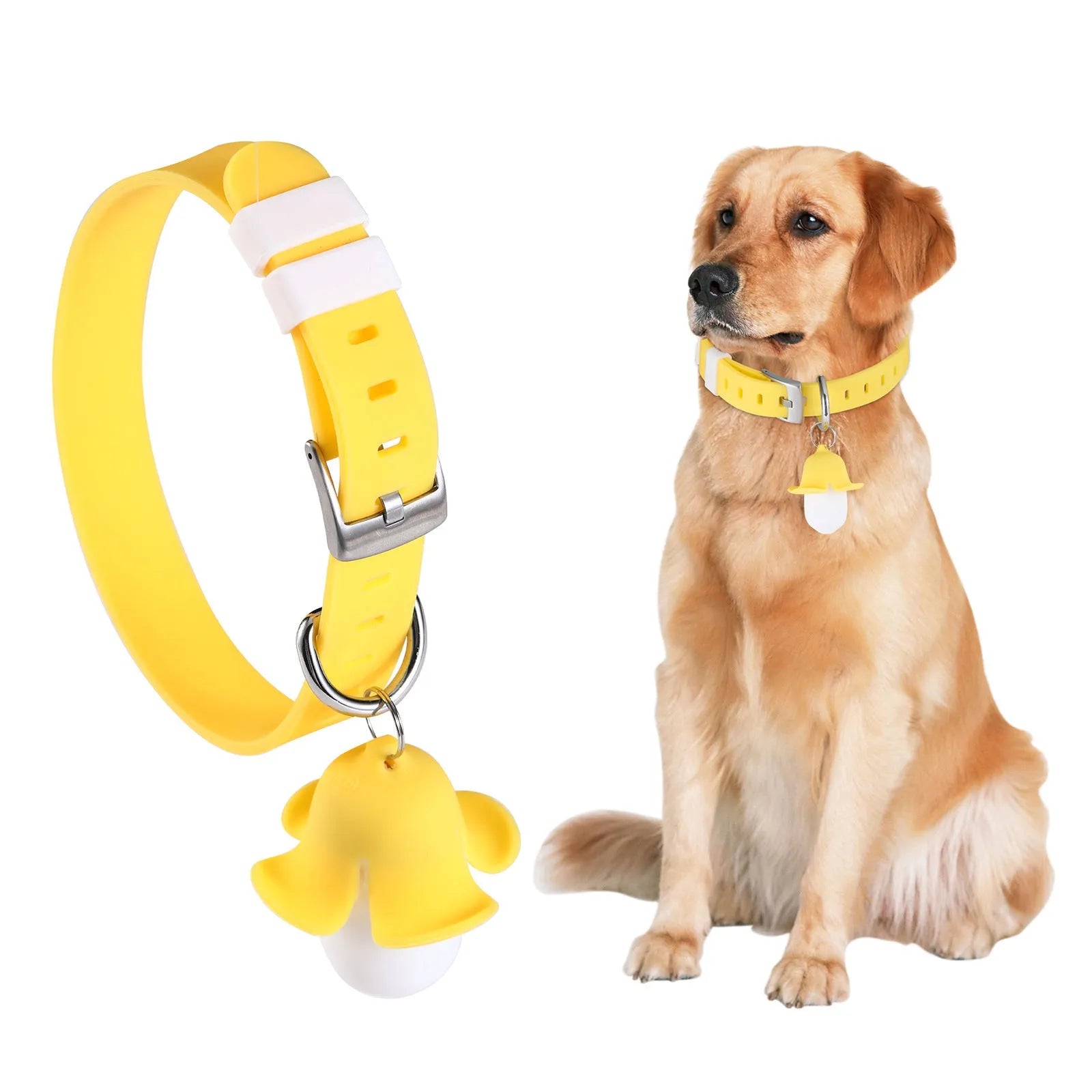 Yellow banana-shaped USB rechargeable pet collar light with geometric pattern for dog safety