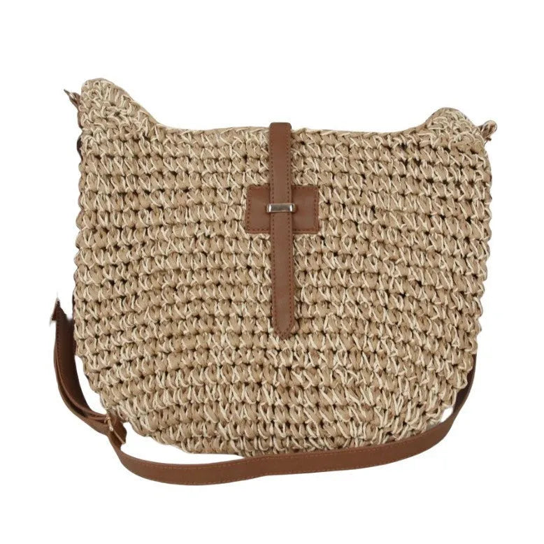 Beige handmade woven shoulder bag with sewing thread details and sandwich pocket