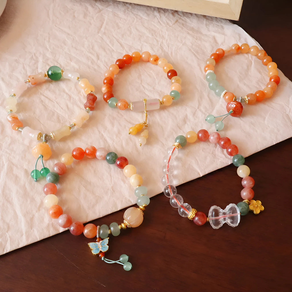 Natural stone Jinsi jade beaded bracelet with white crystal and lily motif, women's antique style
