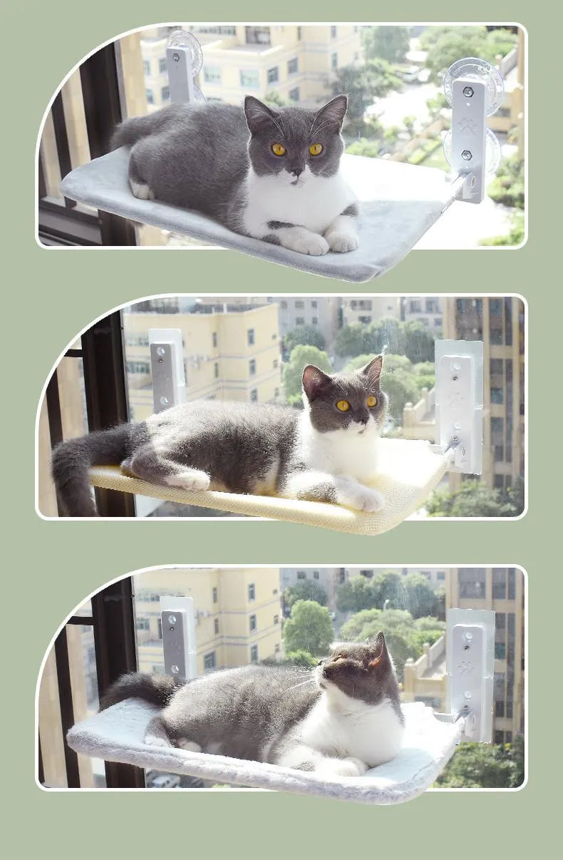 Cat suction cup window hammock with plush fabric, steel frame, available in Beige and Grey in two sizes