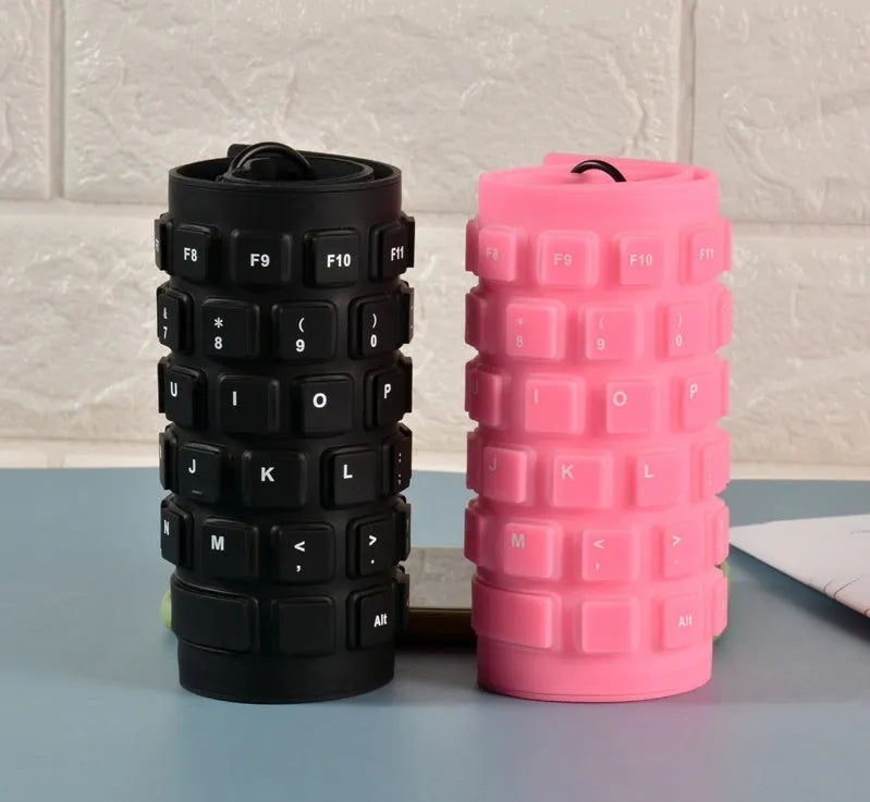Silicone wired mini folding keyboard with mute soft keys and USB cable in black