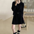 Women's grey art retro two-piece set with pleated vest skirt, adjustable belt, and long-sleeved knitted cardigan.