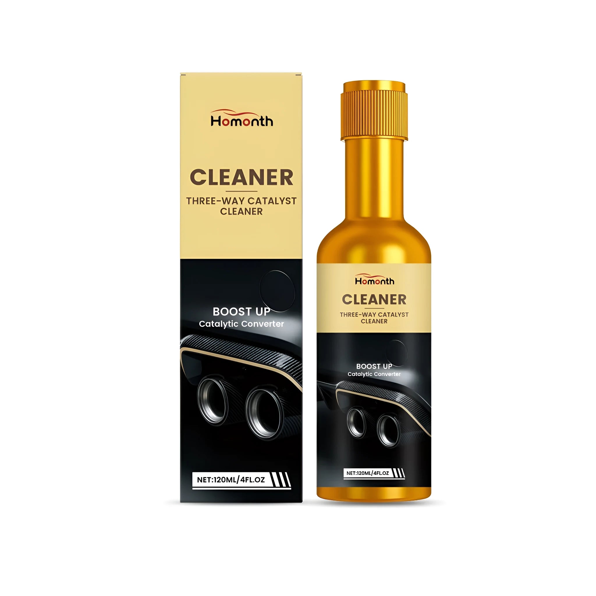 A 120ml bottle of catalytic converter cleaner liquid additive for vehicle fuel systems.