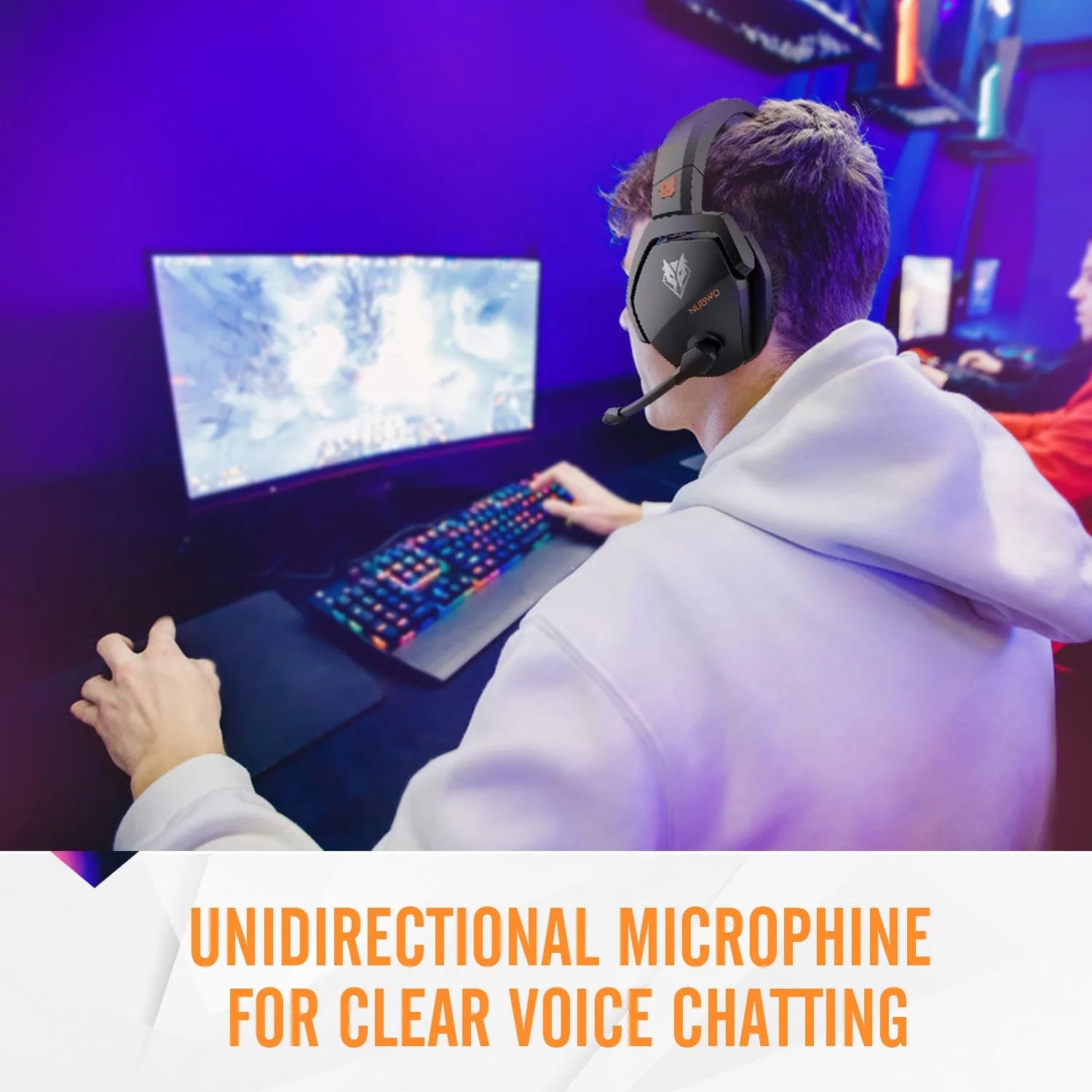 Black and orange wireless gaming headset with over-ear cups and a built-in microphone.