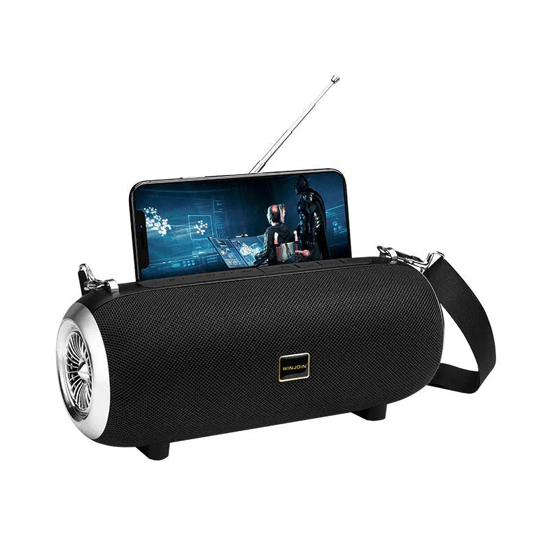 Square fabric and plastic portable Bluetooth speaker with retractable FM antenna and shoulder strap