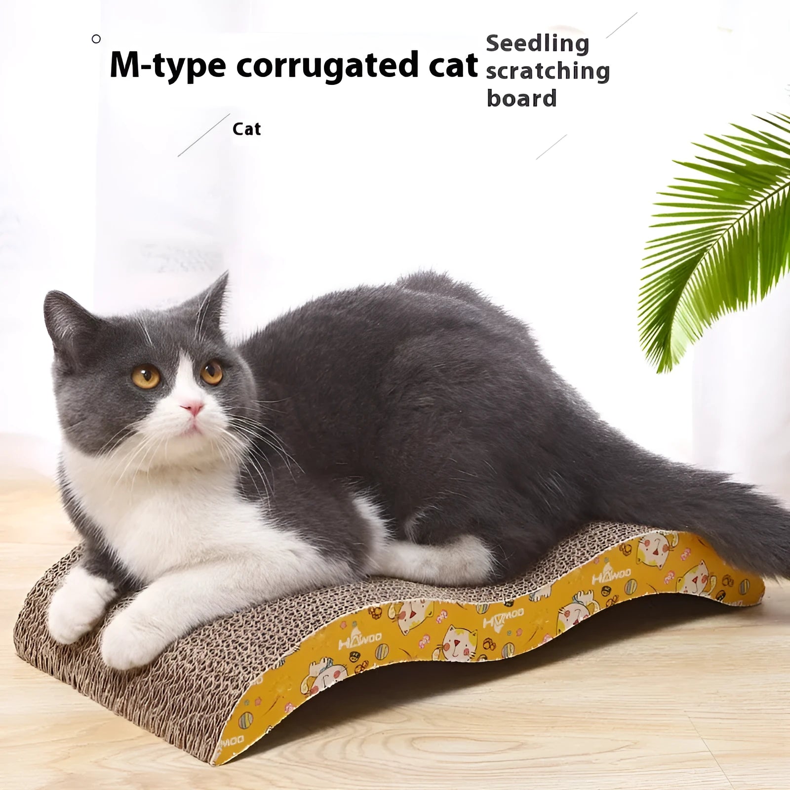 Cat scratch board with leather toy in corrugated paper construction