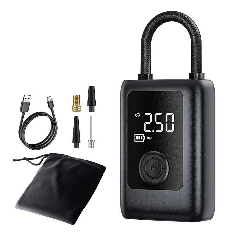 Portable 12V ABS car tyre inflator with LED light and built-in tire pressure gauge