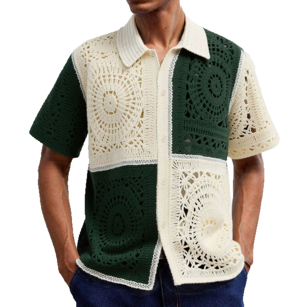 Beige men's colourblock knitted short sleeve shirt with flocking texture detail.