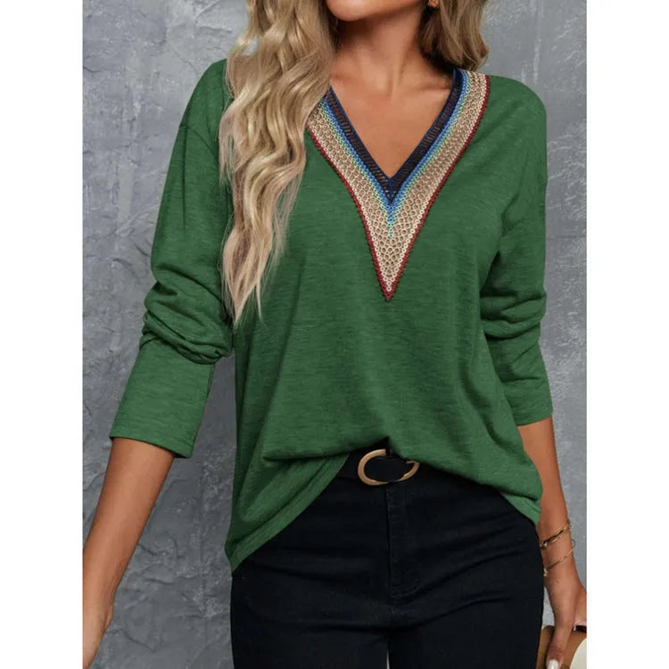 Autumn winter lace spliced V-neck loose long sleeve polyester top in green