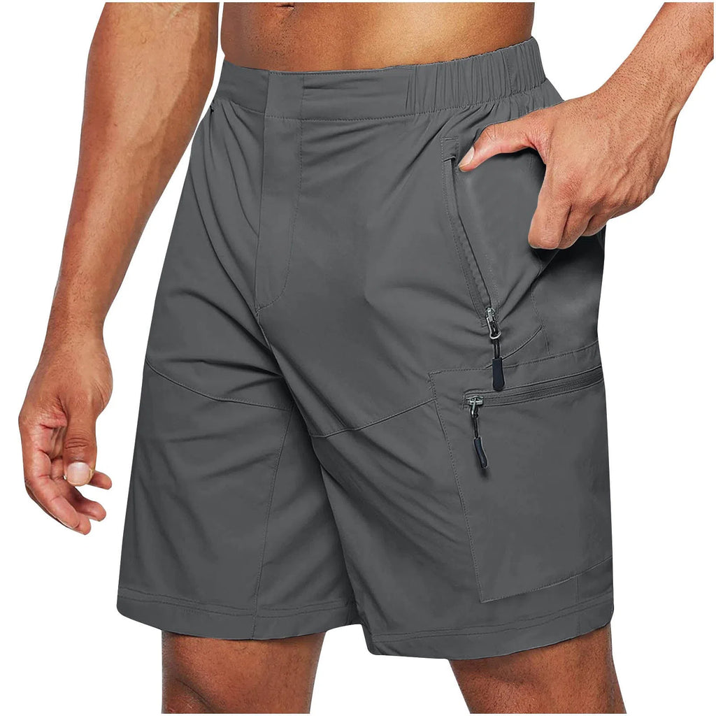 Men's casual knee-length shorts with elastic waist, straight leg, zipper fly, available in six colours.