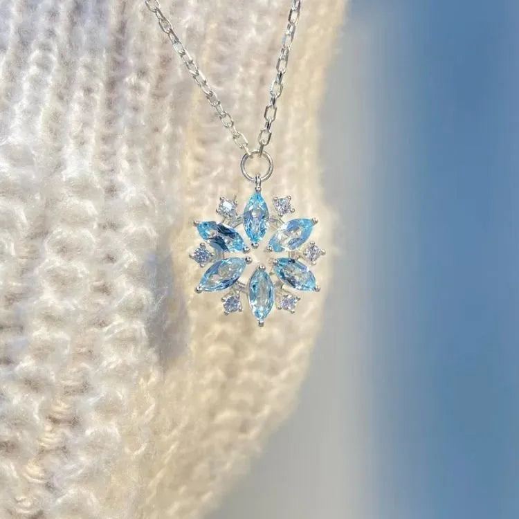 Sky blue snowflake pendant necklace for women with rhinestones, alloy chain, electroplated finish, 21-50cm circumference