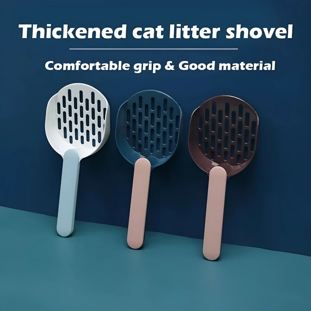 Blue plastic cat litter scoop shovel with fine mesh sieve slots and ergonomic handle for litter box cleaning