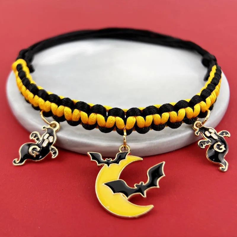 Halloween hand-woven pet collar decoration with geometric pattern and zinc alloy buckle for collars 15-38cm