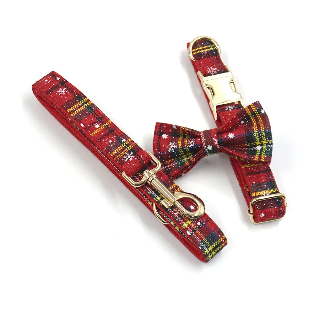 Red Christmas dog accessory set with collar, lead, bow, harness and waste bag in laser cut cloth