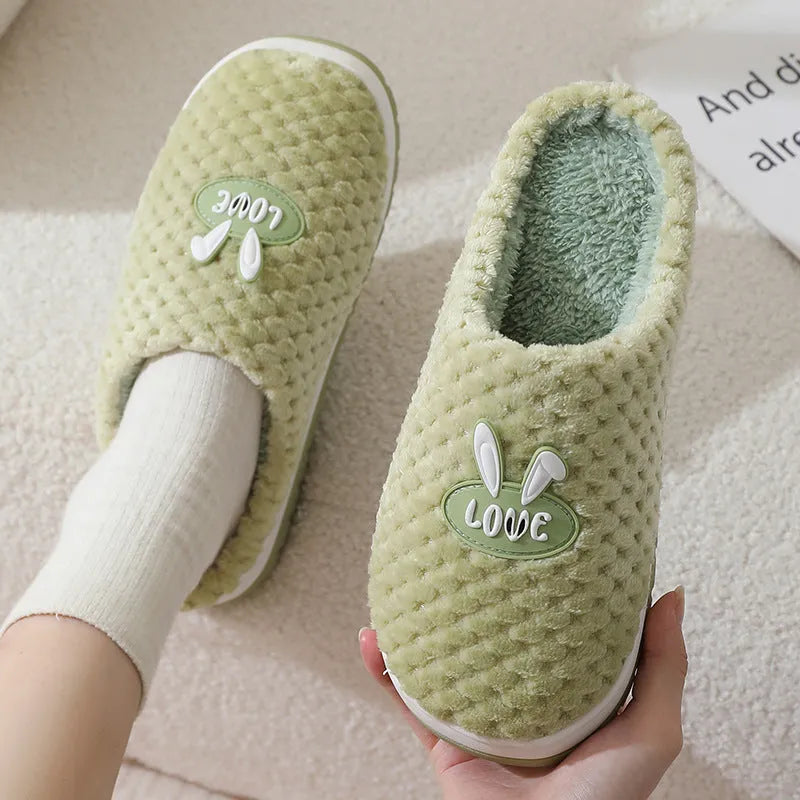 Women's rabbit plaid design house slippers with artificial fur upper and thick rubber sole