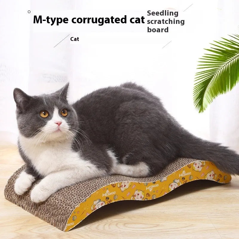 Cat scratch board with leather toy in corrugated paper construction