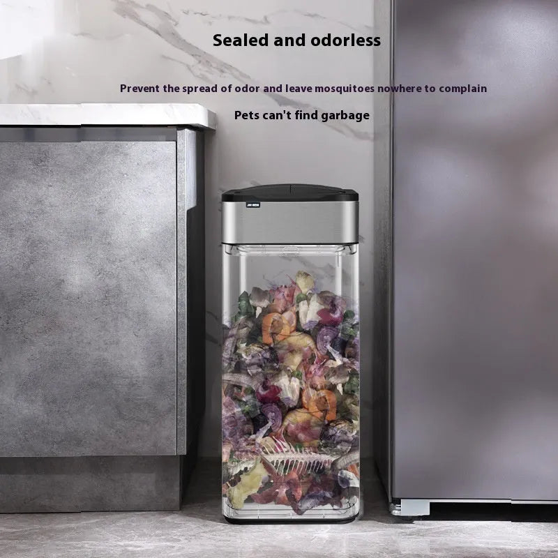 Stainless steel automatic sensor trash can with square bucket and deodorant function.
