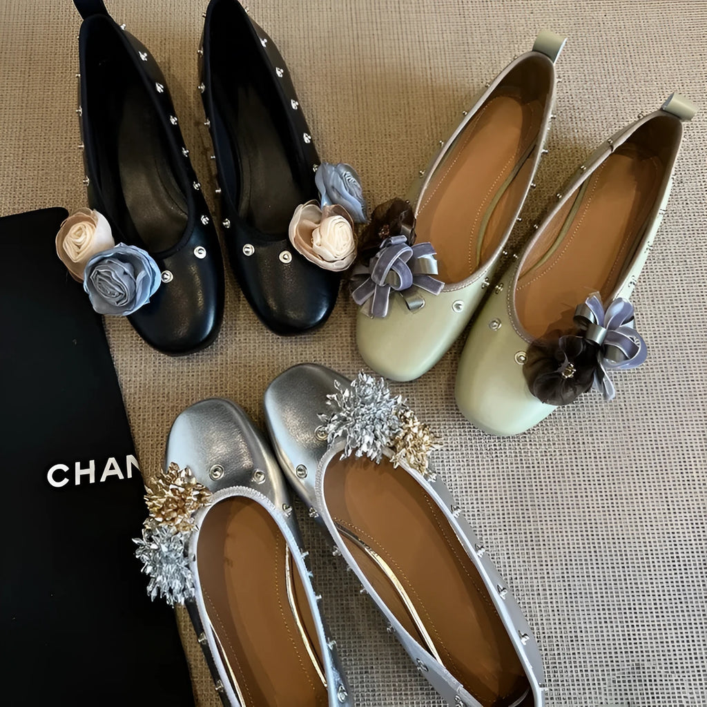 Silver DIY flower rivet Mary Jane shoes with a buckle, showing the round toe and flat rubber sole.