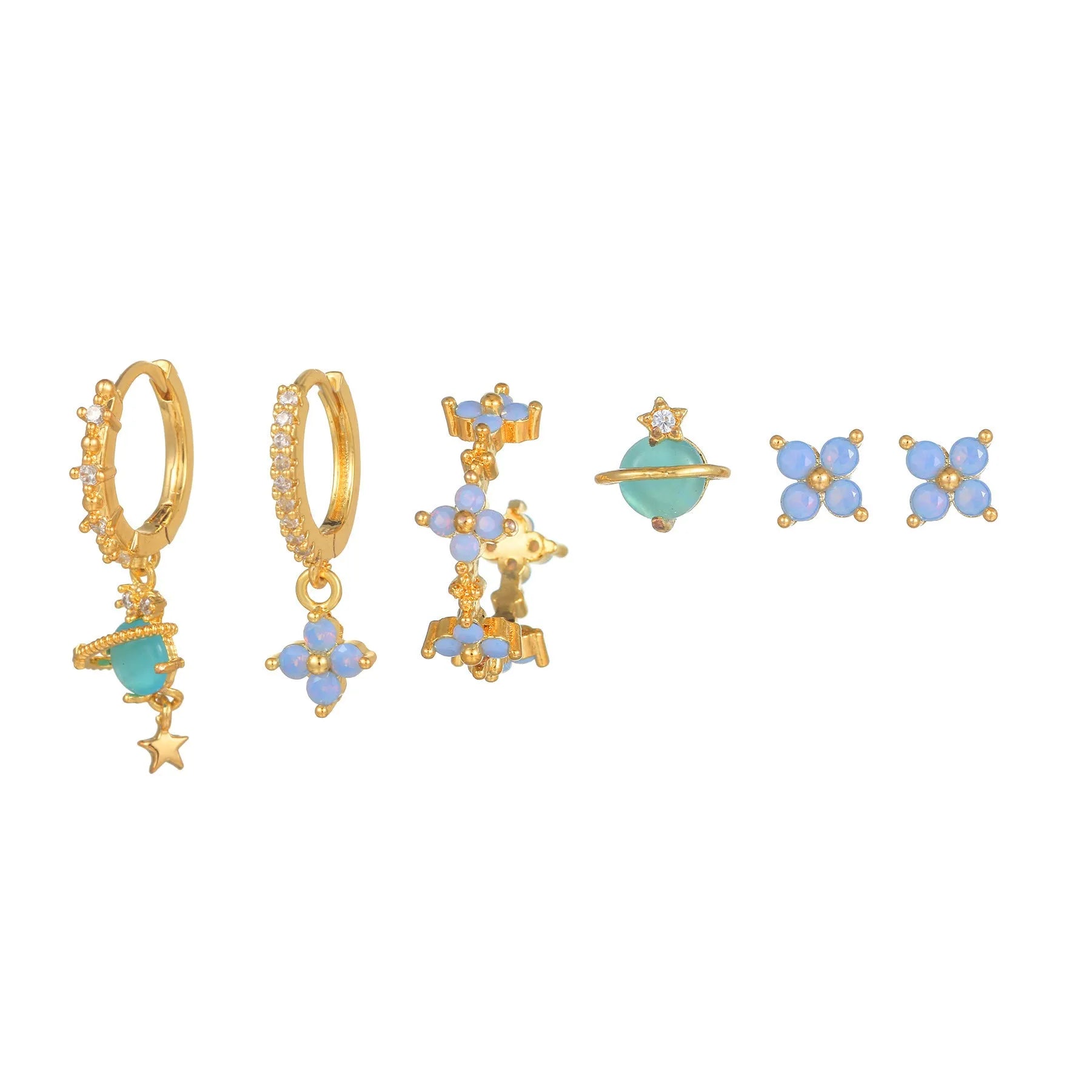 Gold and silver flower shaped stud earrings with a central zircon stone, showing front and back.