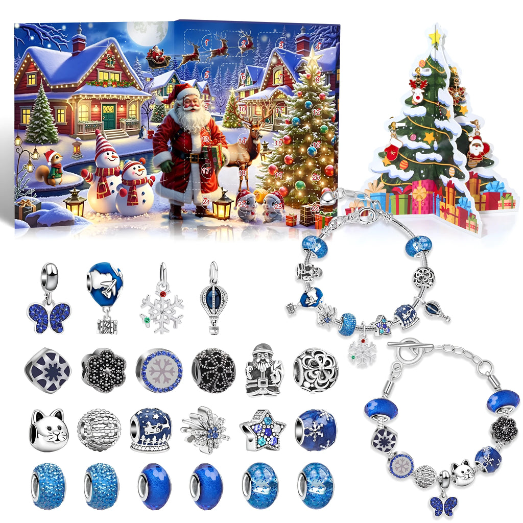 Zinc alloy 25 grid Christmas advent calendar with electroplated finish in blue, featuring a bracelet blind box